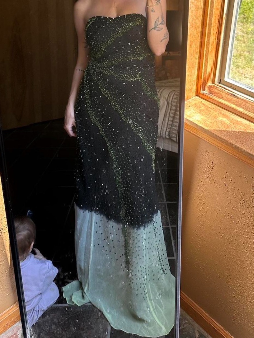 Riva Designs Black and Mint Strapless Beaded Evening Gown